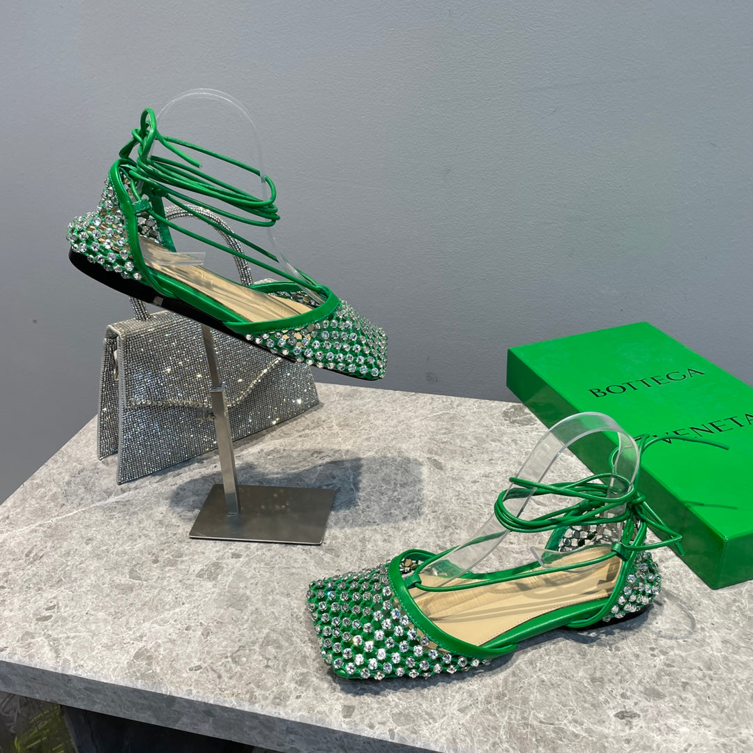Bottega V Sparkle Lace-up Flats - Green
