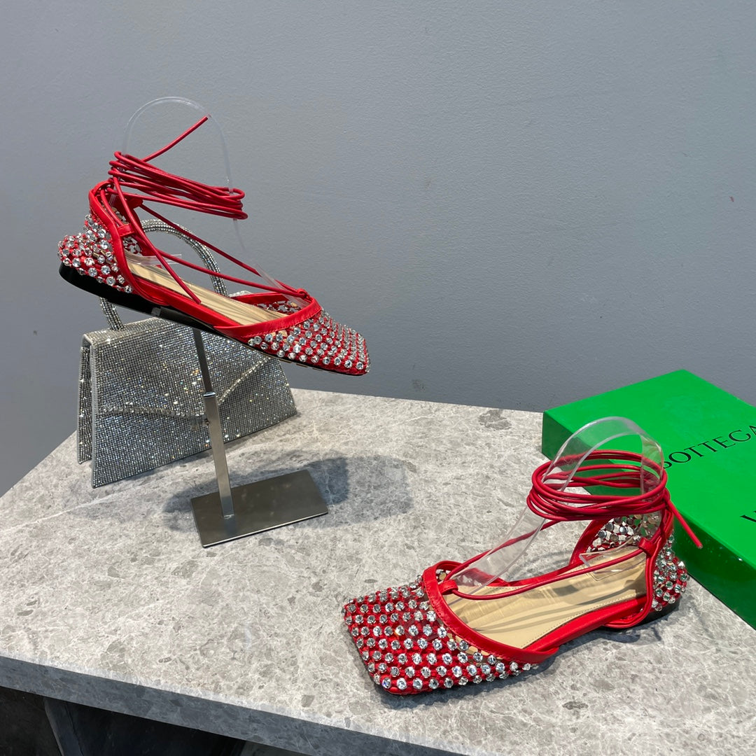 Bottega V Sparkle Lace-up Flats - Red
